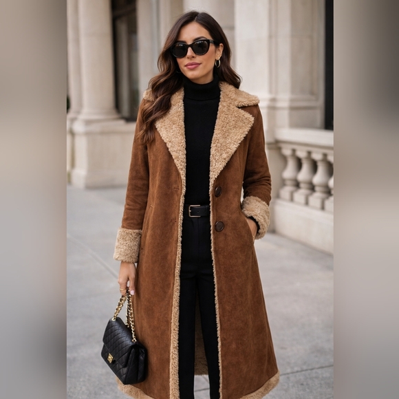 Women's Brown Shearling Trench Coat - Picture 1 of 6